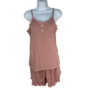DiffiCort Womens Lace Trim Pajama Set Small Dusty Rose Ribbed Tank & Shorts